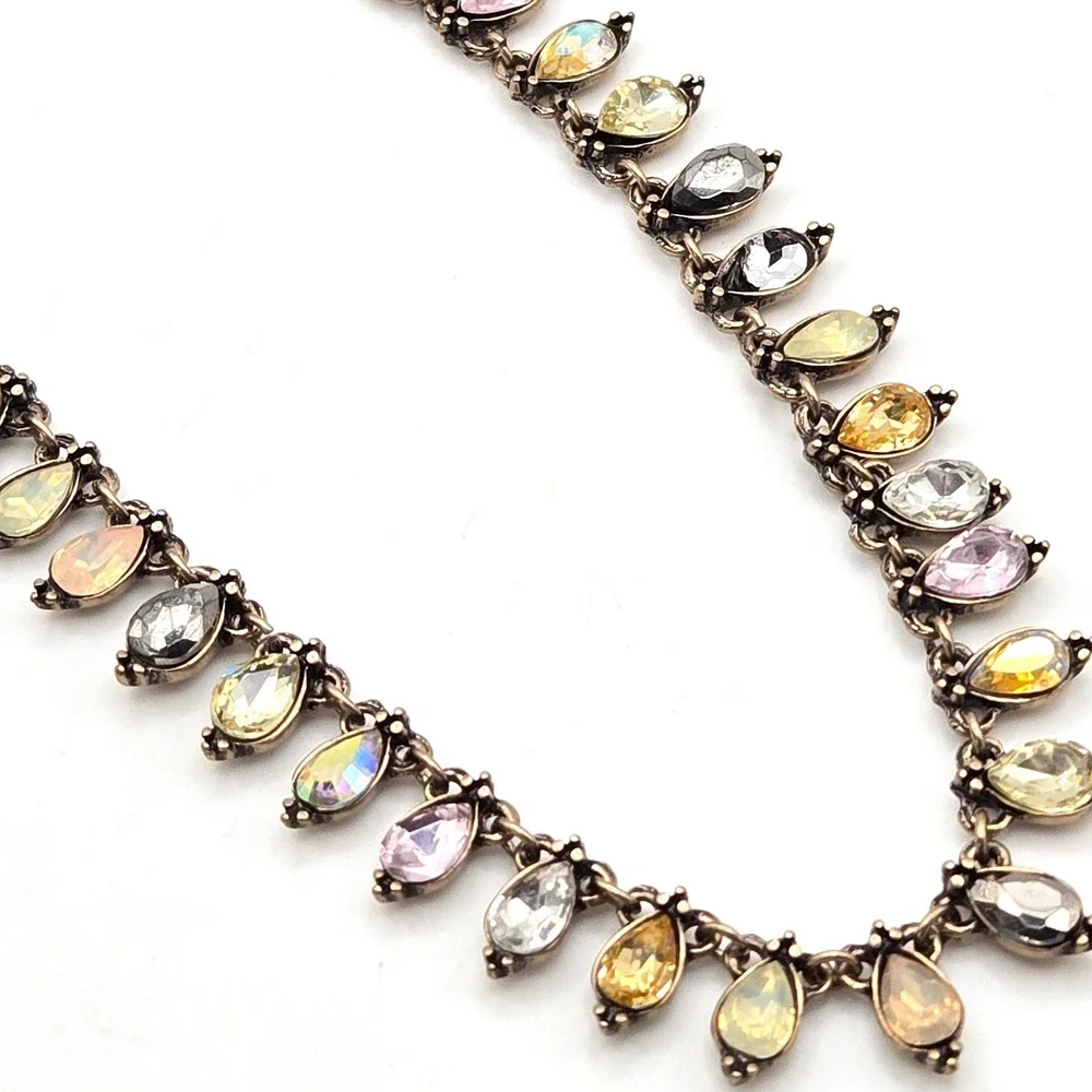 Brass Tone Multi Color‎ Crystal Teardrop Fringe Adjustable Necklace